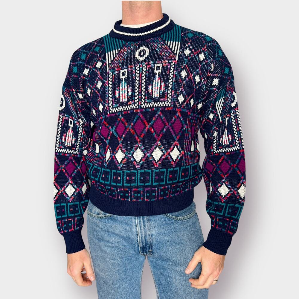 80s McGregor Navy Teal Purple‎ Absract Sweater Size M